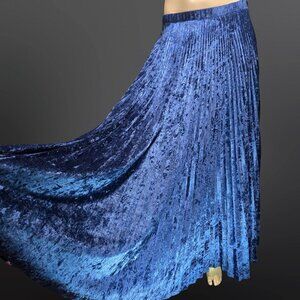 Vintage Linda Lundstrom Blue Crushed Velvet Maxi Swing Skirt Size S Pleated Boho